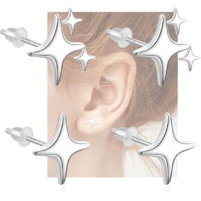 2 Pairs 925 Sterling Silver Studs Earrings for Women Star Earrings Studs Trendy 925 Sterling Silver Earrings Dainty Star Drop Earrings Star Threader Earrings Set