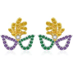 Mardi Gras Earrings for Women Small Mardi Gras Stud Earrings Sterling Silver Face Mask Mardi Gras Feather Earrings