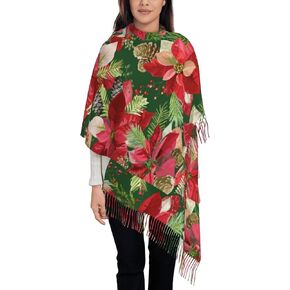 Poinsettia Christmas Flower Winter Soft Scarf For Women Casual Warm Tassel Shawls