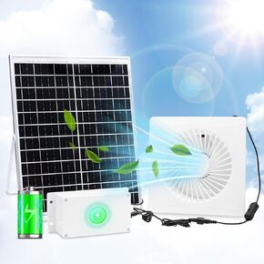 Solar Powered Fan Pro w 6000mAh Battery Run Day/Night, 9.8“ Solar Exhaust Fan+ 20W Solar Fan for Greenhouse Air Cooling Circulation with 16Ft On/Off Cable, Intake for Shed, Chicken Coop