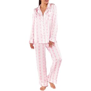Argeousgor Women Valentine's Day Silk Satin Pajamas Set Button Down Shirt Pants Cute Heart Print Pjs Lounge Set Sleepwear