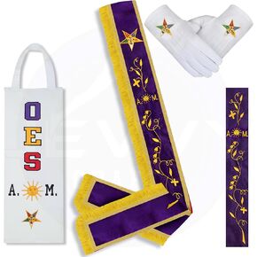 Masonic OES Associate Matron Sash with Cotton Gloves & Free Embroidered Leather Sash Case - Order of Eastern Star AM Purple Velvet Sash with Gold Fringe
