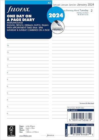 إعادة تعبئة مذكرات التقويم من فيلوفاكس، مقاس A5، يوم في صفحة واحدة مع المواعيد، ورق أبيض، متعدد اللغات: خمس لغات، 2025 (C68515-25) in Kuwait