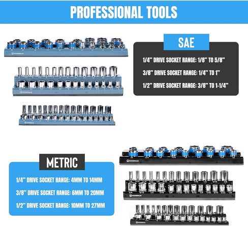 Magnetic Socket Organizer - 6-Piece Tool Storage for SAE & Metric Drive Sockets - Clear Size Markings, Deep Slots, Powerful Magnet - Holds 143 Pieces - (Sockets Not Included) in Saudi Arabia