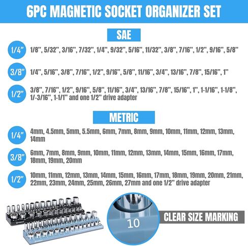 Magnetic Socket Organizer - 6-Piece Tool Storage for SAE & Metric Drive Sockets - Clear Size Markings, Deep Slots, Powerful Magnet - Holds 143 Pieces - (Sockets Not Included) in Saudi Arabia