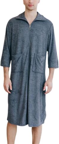 Men's Soft Robe 3/4 Sleeve House Coat Zipper Housecoat with Pocket Comfy Loose Spring Zip Front Terry Cloth in Saudi Arabia