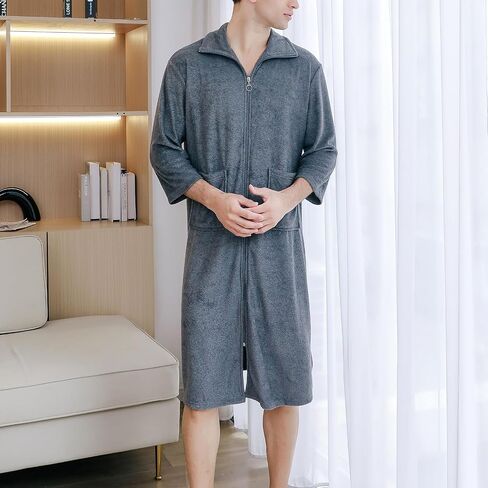 Men's Soft Robe 3/4 Sleeve House Coat Zipper Housecoat with Pocket Comfy Loose Spring Zip Front Terry Cloth in Saudi Arabia