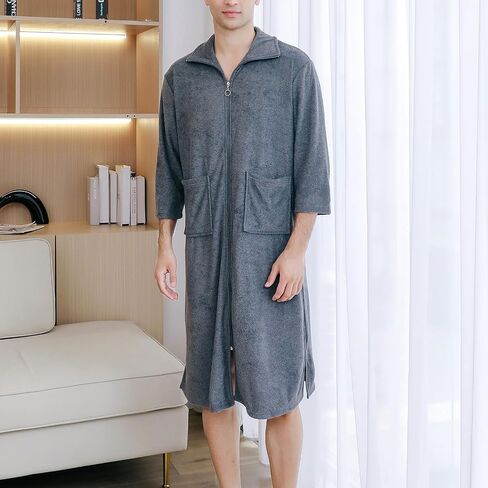 Men's Soft Robe 3/4 Sleeve House Coat Zipper Housecoat with Pocket Comfy Loose Spring Zip Front Terry Cloth in Saudi Arabia