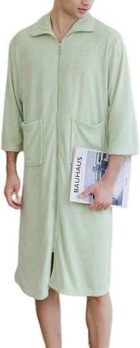 Men's Soft Robe 3/4 Sleeve House Coat Zipper Housecoat with Pocket Comfy Loose Spring Zip Front Terry Cloth in Saudi Arabia