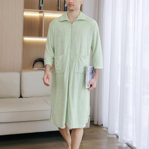 Men's Soft Robe 3/4 Sleeve House Coat Zipper Housecoat with Pocket Comfy Loose Spring Zip Front Terry Cloth in Saudi Arabia