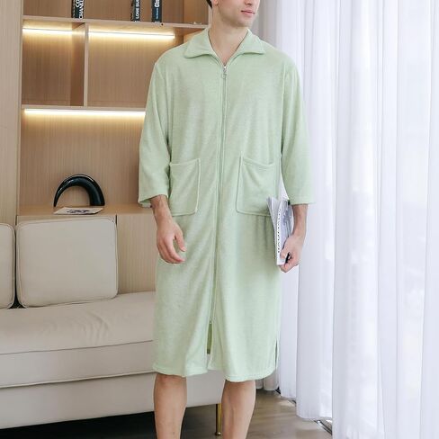Men's Soft Robe 3/4 Sleeve House Coat Zipper Housecoat with Pocket Comfy Loose Spring Zip Front Terry Cloth in Saudi Arabia