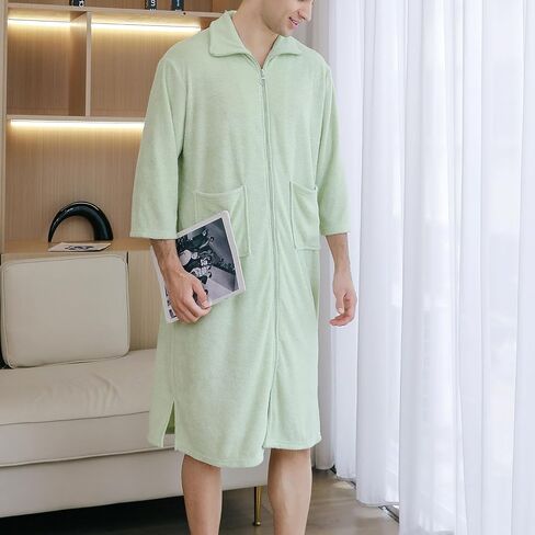 Men's Soft Robe 3/4 Sleeve House Coat Zipper Housecoat with Pocket Comfy Loose Spring Zip Front Terry Cloth in Saudi Arabia