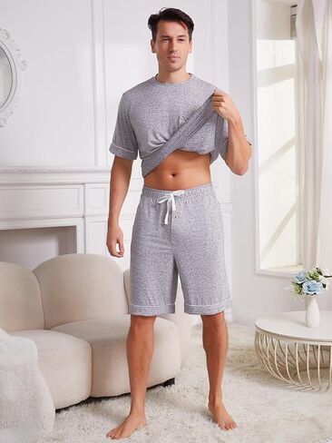 Vulcanodon Mens Pajama Set Short Sleeve, 2 Piece Lightweight Pajamas for Men Sleepwear with Pockets in Saudi Arabia