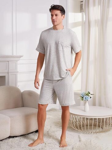 Vulcanodon Mens Pajama Set Short Sleeve, 2 Piece Lightweight Pajamas for Men Sleepwear with Pockets in Saudi Arabia