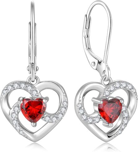 Women's Heart Birthstone Dangle Earrings, 925 Strlings Silver 5A Cubic Zircon Leveback Earrings Jewelry Birthday Gifts for Her in Saudi Arabia