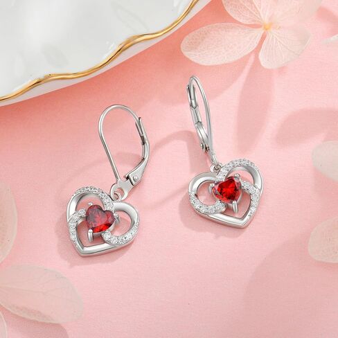 Women's Heart Birthstone Dangle Earrings, 925 Strlings Silver 5A Cubic Zircon Leveback Earrings Jewelry Birthday Gifts for Her in Saudi Arabia