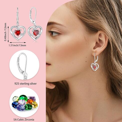 Women's Heart Birthstone Dangle Earrings, 925 Strlings Silver 5A Cubic Zircon Leveback Earrings Jewelry Birthday Gifts for Her in Saudi Arabia
