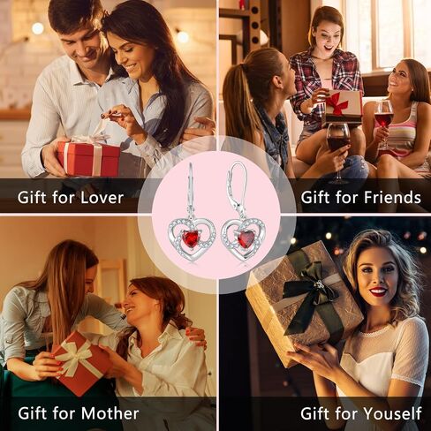 Women's Heart Birthstone Dangle Earrings, 925 Strlings Silver 5A Cubic Zircon Leveback Earrings Jewelry Birthday Gifts for Her in Saudi Arabia