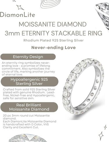 1.0 - 2.0 Ct Moissanite Wedding Band for Women, 2mm or 3mm Rhodium Plated 925 Sterling Silver Eternity Stackable Engagement Ring Anniversary Band, Brilliant Cut H Color VVS Clarity Moissanite Diamond in Saudi Arabia