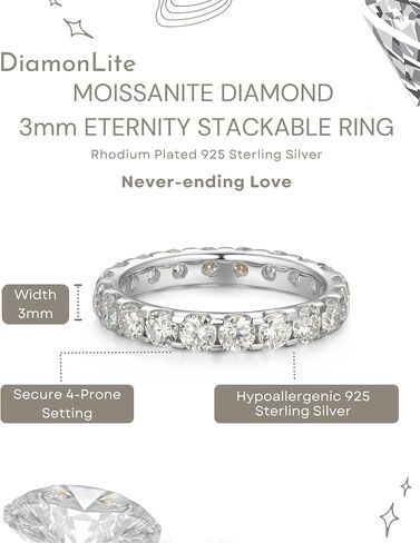 1.0 - 2.0 Ct Moissanite Wedding Band for Women, 2mm or 3mm Rhodium Plated 925 Sterling Silver Eternity Stackable Engagement Ring Anniversary Band, Brilliant Cut H Color VVS Clarity Moissanite Diamond in Saudi Arabia