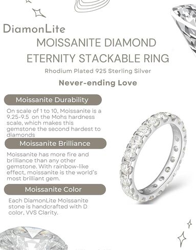 1.0 - 2.0 Ct Moissanite Wedding Band for Women, 2mm or 3mm Rhodium Plated 925 Sterling Silver Eternity Stackable Engagement Ring Anniversary Band, Brilliant Cut H Color VVS Clarity Moissanite Diamond in Saudi Arabia