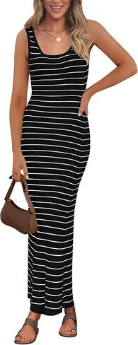 PRETTYGARDEN Womens Summer Tank Dress Casual Sleeveless Striped Ribbed Knit Long Dresses Beach Vacation Sundress in Saudi Arabia