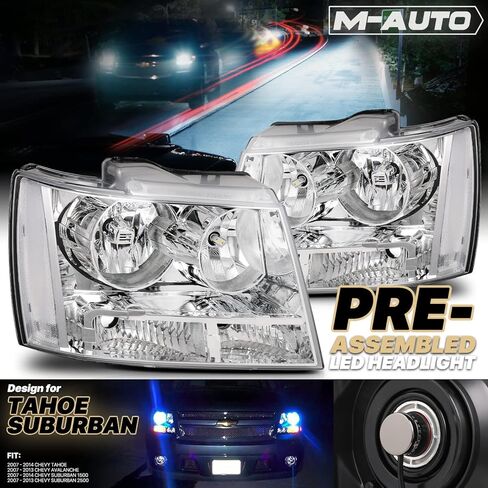 M-AUTO OE Style Chrome Headlights Assembly w/ 4 Pre-assembled 6000K LED Bulbs Compatible with 2007-2014 Chevy Tahoe Suburban 1500, 2007-2013 Avalanche Suburban 2500 in Kuwait
