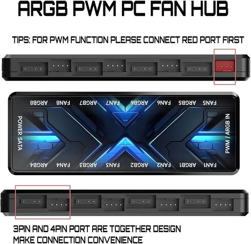 ARGB PWM Fan Hub, Addressable 5V 3PIN 12V 4PIN PWM 2-in-1 RGB Case Fan Hub with Magnetic, PSU SATA Power Input, 8 Port for Fans and 8 Port for LEDs, Support 8 Computer ARGB PWM PC Fans in Saudi Arabia