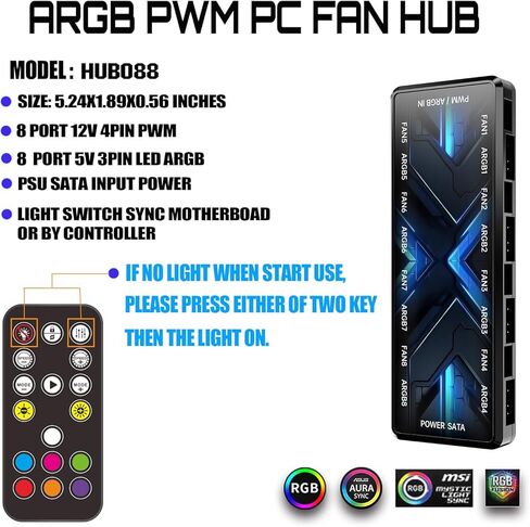 ARGB PWM Fan Hub, Addressable 5V 3PIN 12V 4PIN PWM 2-in-1 RGB Case Fan Hub with Magnetic, PSU SATA Power Input, 8 Port for Fans and 8 Port for LEDs, Support 8 Computer ARGB PWM PC Fans in Saudi Arabia