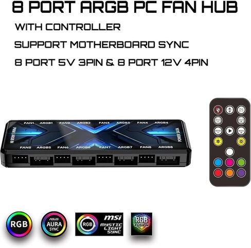 ARGB PWM Fan Hub, Addressable 5V 3PIN 12V 4PIN PWM 2-in-1 RGB Case Fan Hub with Magnetic, PSU SATA Power Input, 8 Port for Fans and 8 Port for LEDs, Support 8 Computer ARGB PWM PC Fans in Saudi Arabia