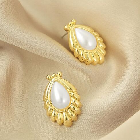 14K Gold Plated Vintage Pearl Stud Earrings for Women Fashionable Minimalist pearl Earrings Classical Baroque Pearl Earrings Fashion Bridal Wedding Pearl Earrings Gift in Kuwait