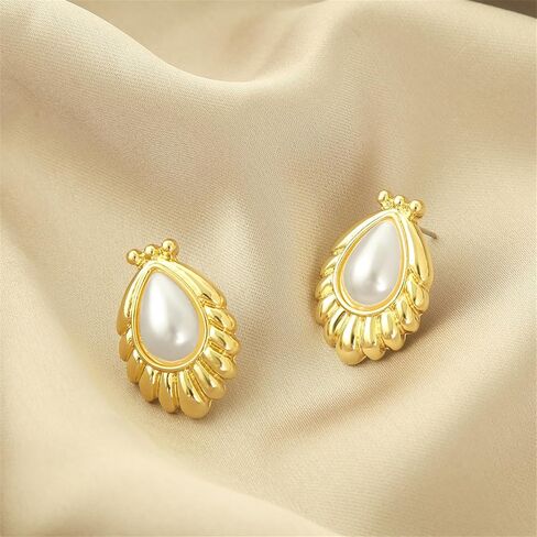 14K Gold Plated Vintage Pearl Stud Earrings for Women Fashionable Minimalist pearl Earrings Classical Baroque Pearl Earrings Fashion Bridal Wedding Pearl Earrings Gift in Kuwait