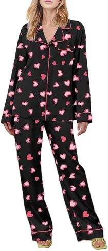 Argeousgor Women Valentine's Day Silk Satin Pajamas Set Button Down Shirt Pants Cute Heart Print Pjs Lounge Set Sleepwear in Kuwait