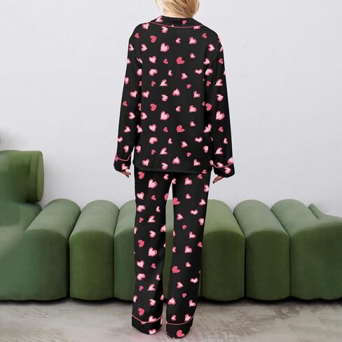 Argeousgor Women Valentine's Day Silk Satin Pajamas Set Button Down Shirt Pants Cute Heart Print Pjs Lounge Set Sleepwear in Kuwait