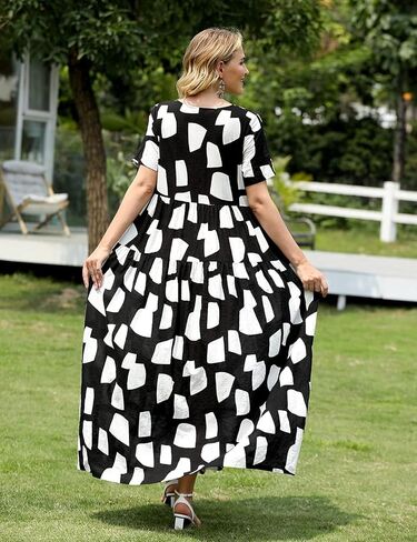 YESNO Women Casual Loose Bohemian Floral Dress with Pockets Short Sleeve Long Maxi Summer Beach Swing Dress EJF in Kuwait