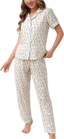 MakeMeChic Women's Two Piece Pajama Set Floral Button Down Shirt and Pants Set Soft Loungewear in Saudi Arabia