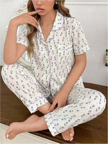 طقم بيجامة نسائي مكون من قطعتين من MakeMeChic وقميص وسروال بأزرار سفلية مزين بالزهور، طقم ملابس نوم ناعمة in Saudi Arabia