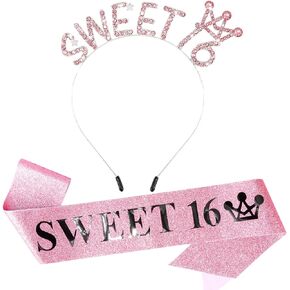 Canitor Sweet 16 Birthday Crown Tiara and Sash with Pin 16th Sweet 16 Party Decorations Sweet 16 Gifts for Girls
