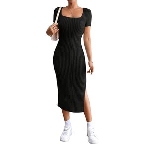 Milumia Women's Short Sleeve Square Neck Midi Dress Side Split Ribbed Knit Bodycon Long Dresses