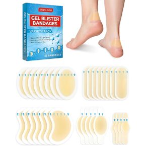 Blister Bandages for Feet, Hydrocolloid Bandages, Self-Adhesive Heel/Foot Cushions for Blister Prevention/Care, Waterproof -32 Count/Box, 5 Different Shapes