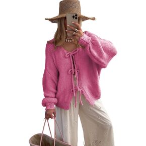 SKIKYAN Women Bowtie Oversized Knit Sweater Cardigan Y2K Long Sleeve V Neck Open Front Casual Knitwears(RoseRed-L), Large