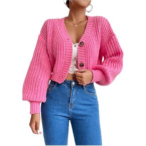 MakeMeChic Women's Casual Long Sleeve Button Front Crop Cardigan Sweater V Neck Drop Shoulder Knitted Outwear