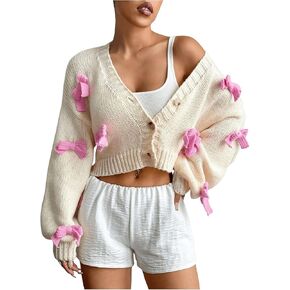 MakeMeChic Women's Bow V Neck Button Down Sweater Long Sleeve Knit Y2K Cardigan