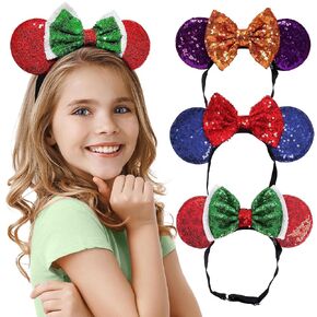 Holidays (Christmas, 4th July, Halloween) Christmas Minnie Ears Headbands with Shiny Sequin Bow (3PCS) - Mouse Ears For Girls and Women - Elastic Adjustable Headband Headache Free, Full Glitter