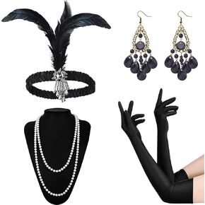 1920s Great Gatsby Flapper Accessories Flapper Headpiece Headband for Women Roaring 20s Theme Flapper Accessories Set, Black