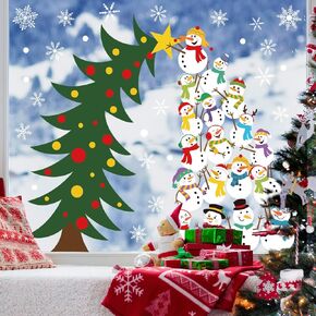 Whaline Christmas Window Cling Stickers Winter Cartoon Snowman Xmas Tree Snowflake Reusable Window Decals for Holiday Party Home Office Classroom Decoration, 4 Sheets