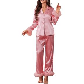 Verdusa Women's 2 Piece Satin Pajama Set Contrast Mesh Button Down Long Sleeve Top and Pants