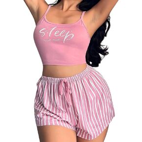 2 Pieces Pajamas Set Women Sexy Sleeveless Lingerie Letter Print Camisole Top Striped Drawstring Shorts Set S-XXL