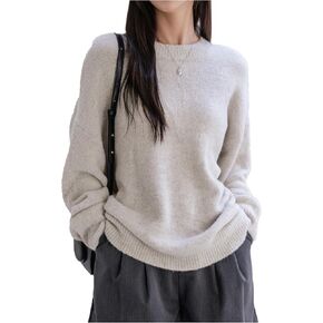 SHENHE Women's Crew Neck Cream Sweater Long Sleeve Light Weight Sweaters Soft Knit Boxy Pullover Sweaters