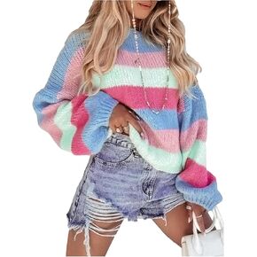 GORGLITTER Women's Color Block Sweater Tops Trendy Long Sleeve Crewneck Drop Shoulder Oversized Fall Knit Sweaters 2024